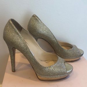 Gold metallic glitter Jimmy Choo peep-toe pumps